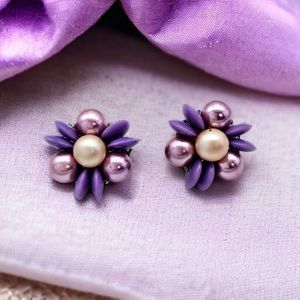 Vintage Japan Pearl Earrings Clip On Lavender Bead Purple Faux Estate Jewelry